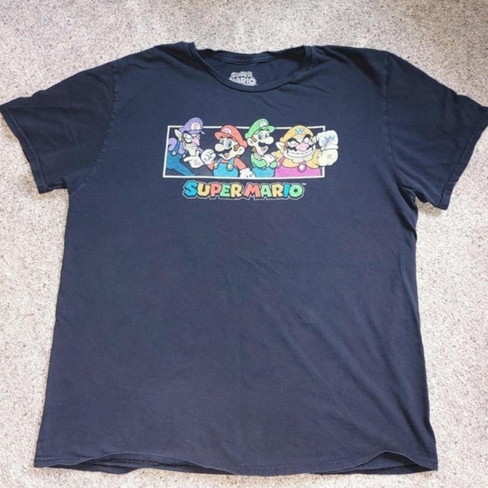 Super Mario Bros Mens XL Black Graphic Tee Mario Luigi Wario Waluigi Nintendo